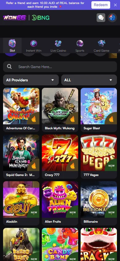 Won66 Casino games screen on a mobile phone