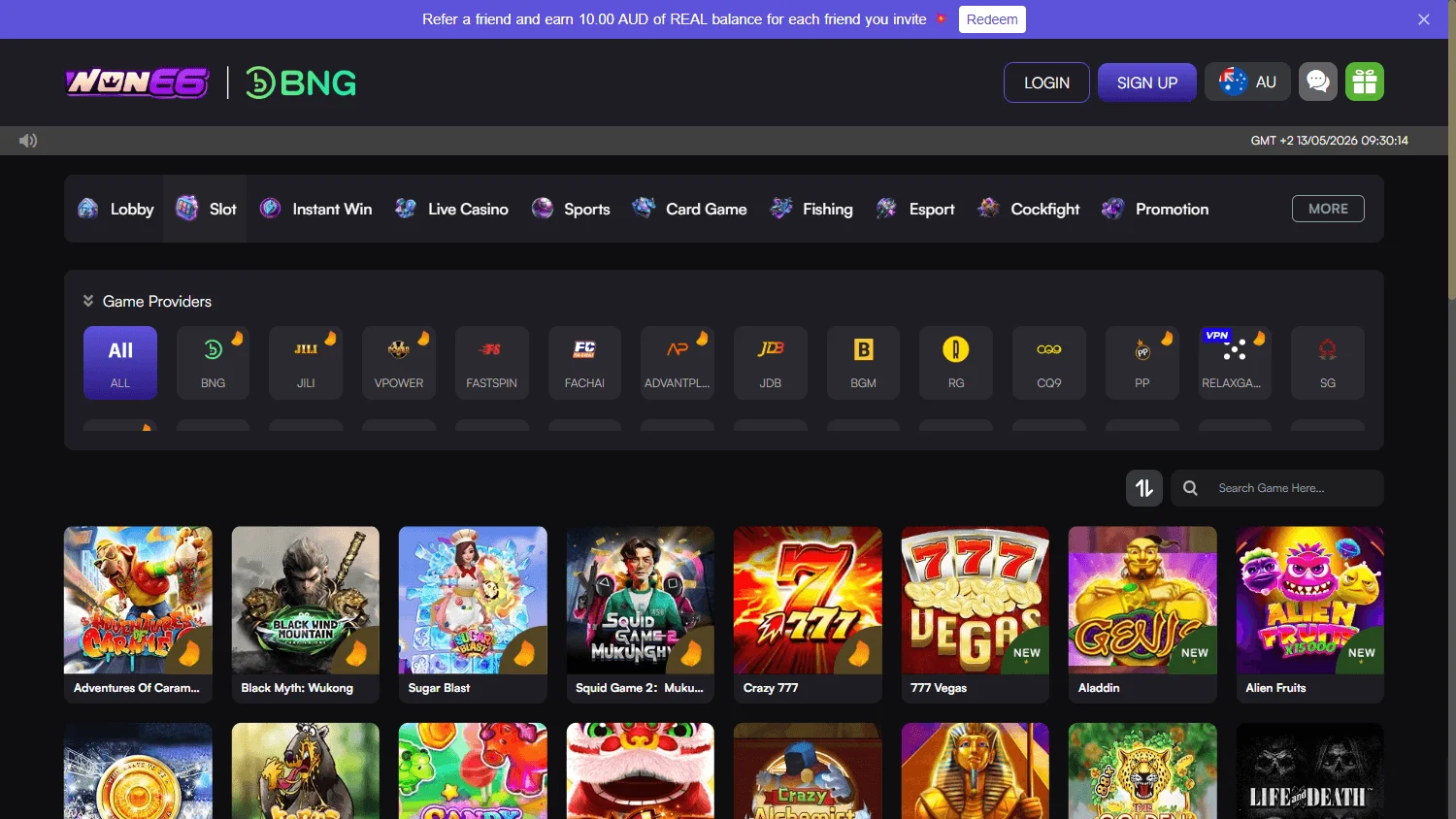 Won66 Casino games screen on desktop