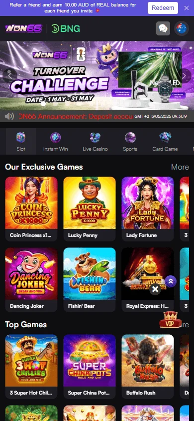 Won66 Casino home screen on a mobile phone