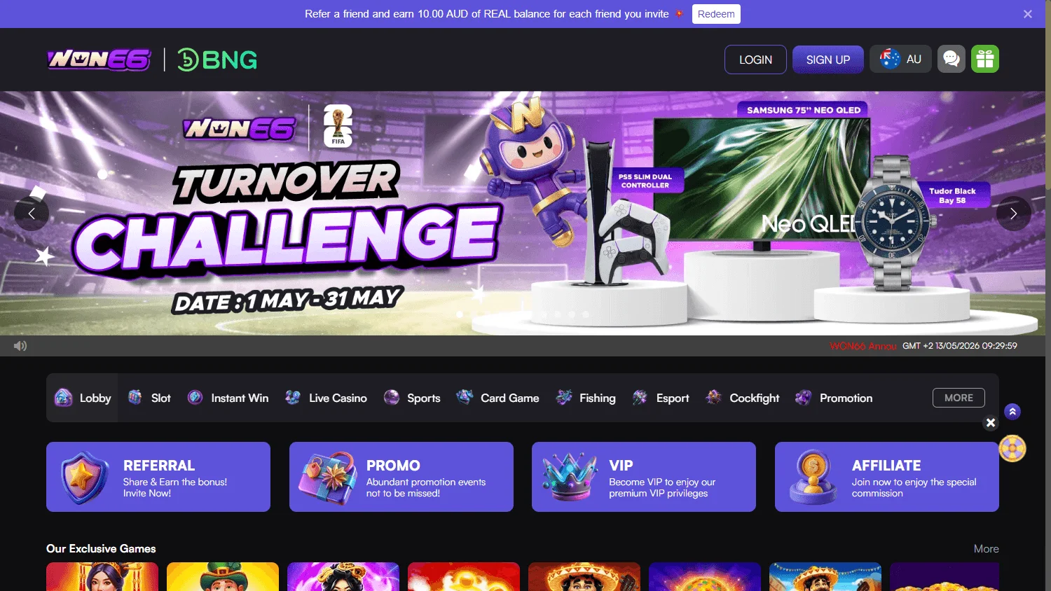 Won66 Casino home screen on desktop