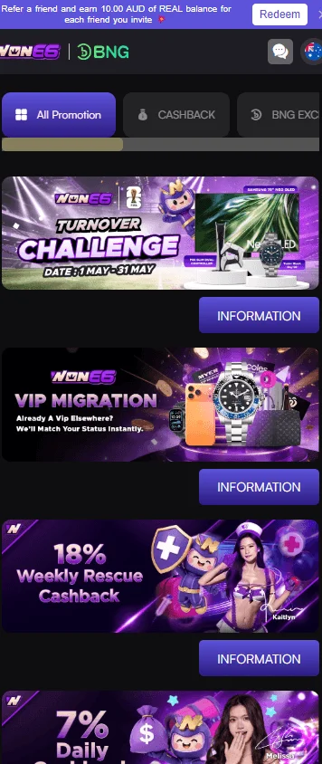 Won66 Casino promotions screen on a mobile phone