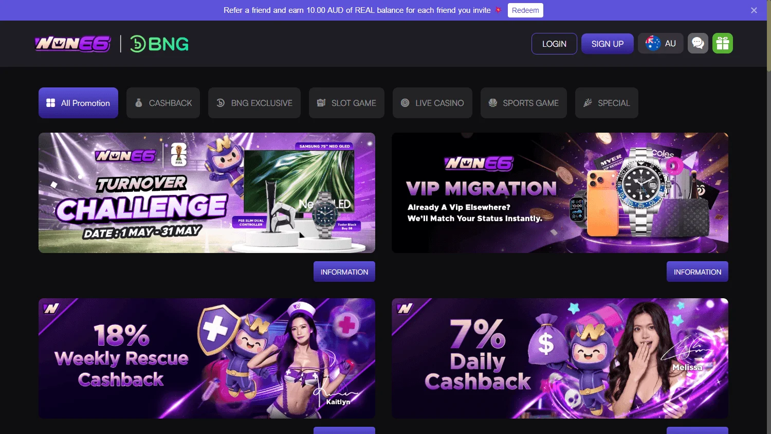 Won66 Casino promotions screen on desktop